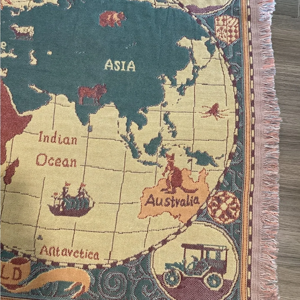 Elegant World Map Tapestry – Blue, Red & Gold –‎ Wall Hanging or Rug